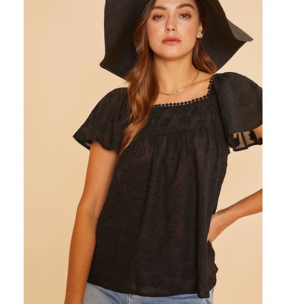NWT ANNIE WEAR  Black Sheer Floral  Square Neck Blouse